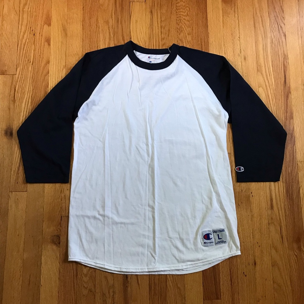 Champion White Baseball Tee Navy Raglan Sleeves Large